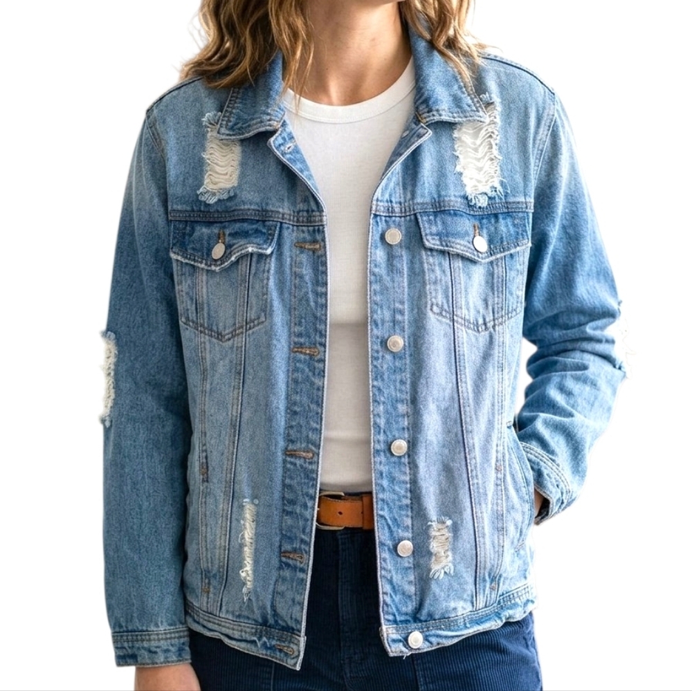 Haute Monde Distressed Blue Jean Collared Jacket Size M